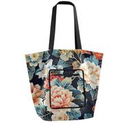 tplaotee Waterproof Foldable shoulder bag Reusable Grocery Bags with Pockets Tote Bag for Women for Weekender Travel Japanese Water Lily Bloom