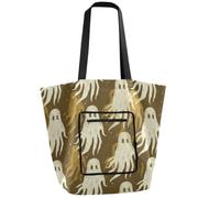 tplaotee Waterproof Foldable tote Reusable Grocery Bags with Pockets Tote Bag for Women For shopping, day trips, traveling Old Style ghosts Gold