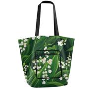tplaotee Waterproof Folding Reusable Bags Reusable Grocery Bags with Pockets Cute Tote Bag for Women for shopping,Travel Daily,work Lily Of The Valley Beauty Summer Flowers