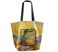 tplaotee Waterproof Folding Reusable Bags Reusable Grocery Bags with Pockets Cute Tote Bag for Women For shopping, day trips, traveling Oil Painting: Sunflowers and Frogs