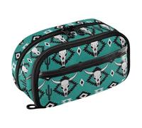 tplaotee Western Country Aztec Bull Skull Trial Pattern Teal Expandable Pen Bag Pencil Case With Compartments for Women