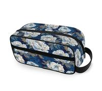 tplaotee White Peonies on A Dark Blue Background Portable Toiletry Bags with hanging hook Zipper Capacity Travel Cosmetic Bag with Compartments & Handle