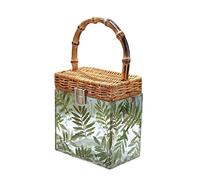 TPone Women Clear Acrylic Clutch Purse with Leaf Pattern, Transparent Square Beach Bag, Evening Bag with Environmental Bamboo Handle