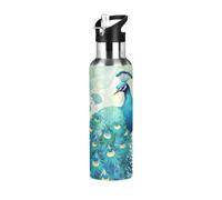 TPRDHK Beautiful Peacock Water Bottle with a straw cap, a nozzle cap and a handle，Vacuum insulation，Anti-leakage，Stainless Steel Water Bottle for Sports，fitness, camping and hiking