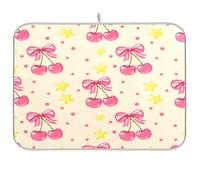 TPRDHK Bow-tie Cherries Dish Drying Mat for Kitchen Countertops, Absorbent Microfiber Drying Pad with Hanging Loop, Reversible Mat Protector