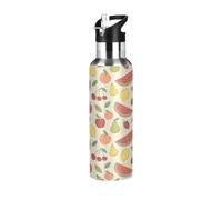 TPRDHK Casual Fruit Doodle Water Bottle with a straw cap, a nozzle cap and a handle，Vacuum insulation，Anti-leakage，Stainless Steel Water Bottle for Sports，fitness, camping and hiking