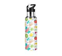 TPRDHK Crayon Fruit Doodle Water Bottle with a straw cap, a nozzle cap and a handle，Vacuum insulation，Anti-leakage，Stainless Steel Water Bottle for Sports，fitness, camping and hiking