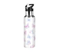 TPRDHK Cute Butterflies Water Bottle with a straw cap, a nozzle cap and a handle，Vacuum insulation，Anti-leakage，Stainless Steel Water Bottle for Sports，fitness, camping and hiking