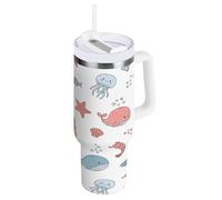 TPRDHK Cute Sea Creatures Large Vacuum Flask with Handle & Straw, 1.2 Litre Double Wall Insulated Stainless Steel Travel Cup, Leak-Resistant & Car Holder Friendly
