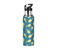 TPRDHK Flat Yellow Pineapple Water Bottle with a straw cap, a nozzle cap and a handle，Vacuum insulation，Anti-leakage，Stainless Steel Water Bottle for Sports，fitness, camping and hiking