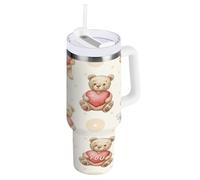 TPRDHK Love Bear Large Vacuum Flask with Handle & Straw, 1.2 Litre Double Wall Insulated Stainless Steel Travel Cup, Leak-Resistant & Car Holder Friendly