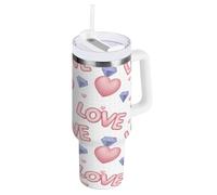 TPRDHK Love Pattern Large Vacuum Flask with Handle & Straw, 1.2 Litre Double Wall Insulated Stainless Steel Travel Cup, Leak-Resistant & Car Holder Friendly