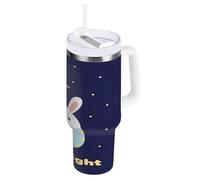 TPRDHK Sleeping Rabbit Large Vacuum Flask with Handle & Straw, 1.2 Litre Double Wall Insulated Stainless Steel Travel Cup, Leak-Resistant & Car Holder Friendly
