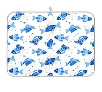 TPRDHK Strange Blue Fish Dish Drying Mat for Kitchen Countertops, Absorbent Microfiber Drying Pad with Hanging Loop, Reversible Mat Protector
