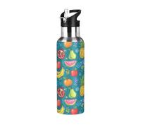 TPRDHK Teal Fruit Doodle Water Bottle with a straw cap, a nozzle cap and a handle，Vacuum insulation，Anti-leakage，Stainless Steel Water Bottle for Sports，fitness, camping and hiking