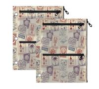 TPRDHK Vintage Coastal Stamps 3-Ring Binder Pencil Pouch 2 Pack, Pen Bag with 3 Zipper Pockets, Clear View Mesh Window Storage Pen Bag for School Office Home