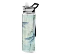 TPRDHK Watercolor Dragonflies 32oz Clear Sports Water Bottles Wide Mouth Leakproof Tritan Reusable Plastic Water Bottle with Straw for Fitness Outdoor