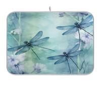 TPRDHK Watercolour Dragonfly Dish Drying Mat for Kitchen Countertops, Absorbent Microfiber Drying Pad with Hanging Loop, Reversible Mat Protector