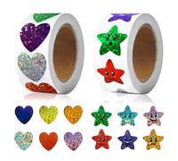 TPTGIAR 1000 PCS Shiny Star Stickers, Heart Reward Stickers for Children, Self Adhesive Teacher Sticker, 2 Rolls of Round Star Sticker for Reward Chart for DIY Crafts Activities