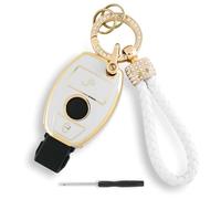 TPU Car Key Cover For Mercedes Benz A B C E G M R S GL SL SLK Sprinter Viano Vito Class W169 W245 R230 R171 W906 W639 W639 2 Button Car Key Fob (White) with Diamond lanyard and Screwdriver