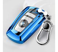 Tpu Silicone Full Protective Car Key Fob Cover for BMW,3 Buttons Remote Control Smart Key Case with Leather Keychain, Compatible with BMW 1/3/4/5/6/7 Series and X3/X4/M5/M6/GT3/GT5,etc.-Blue