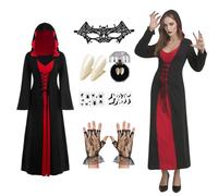 TPXIHAD Gothic Vampire Ensemble for Women - 4-Piece Medieval Dress Set with Hooded Cape, Bat-Eye Mask, Lace Gloves & Gothic Stickers for Halloween and Cosplay (L)