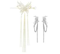 TPZORJX 1 Piece 3D Butterfly Tassel Hair Stick Golden Hair Sticks Vintage Rhinestone Shiny Pearl Hair Pins for Women and Women(with a pair of earrings)