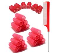 TPZORJX 37 Pieces Manual Hair Rollers Self Adhesive for Salons, Hairdressing Salons, Rat Tail Combs, DIY Curlers with Steel Pointed Tail Combs (Red)