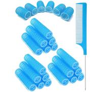 TPZORJX 37 Pieces Manual Hair Rollers Self Adhesive Hair Rollers for Salon Barber Shop Rat Tail Combs DIY Curlers with Steel Pin Combs (Blue)