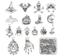 Tqcplfdiddo 1 Box 64Pcs 16 Style Halloween Charms Bulk Tibetan Style Alloy Skull Charms Spider for Jewelry Making Spider Web Skeleton Flying Wizard Witch Bat Jack-O'-Lantern Earring DIY Supplies