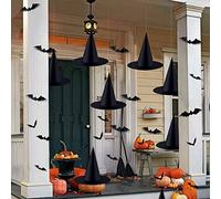 Tqcplfdiddo 12pack Black Hanging Witch Hat, Halloween Witch Cap Hanging Costume Accessories with 3D Bat Wall Decor for Halloween Indoor Outdoor Party Decorations