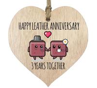 Tqcplfdiddo 3rd Wedding Anniversary Plaque Gift for Husband Wife - 3 Years Together - Happy Leather Anniversary Wooden Heart for Women Men Partner, Light Wood Sign Keepsake Gifts