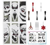 Tqcplfdiddo 6PCS Skull Theme Cross Stitch Kit for Beginners 8.5x3 DIY Bookmarks Cross Stitch Kits Black White Horror Embroidery Cross Stitch Kits with Backing Felt Floss for Book Lovers