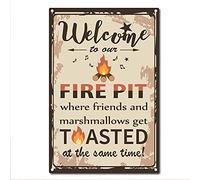 Tqcplfdiddo Welcome to Our Fire Pit Metal Tin Sign Vintage Funny Camping Signs for Home Kitchen Farm Garden Garage Wall Decor, 8 x 12 Inch
