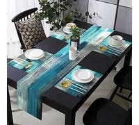 TQFZP Blue and Grey Abstract Modern Table Runner with Place Mats Set of 7 Teal Blue Retro Graffiti Art Painting Turquoise Linen Dining Mat Sets Washable Vintage Tabletop for Home Decor 70 Inches Long