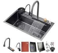 TQHGHX Black Luxury Waterfall Sink, Stainless Steel Kitchen Sink, Multifunctional Work Sink, Large Single Bowl Nano Bar Sink, Sink With Built-in Multifunctional Faucet And Various Accessories(75x50x