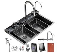 TQHGHX Black Stainless Steel Kitchen Sink, Waterfall Sink, Single Bowl Workstation multifunctional Sink, Top-Mount Nano Coating Bar Sink with Pull-Out Faucet, Siphon, Overflow and Drain set(Black#1A