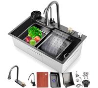 TQHGHX Kitchen Black Waterfall Sink, Stainless Steel Left Waterfall Faucet, Multifunctional Single Bowl Waterfall Sink- 50cm Large Workstation Sink With Pull-Out Faucet, Siphon, Overflow And Drain S
