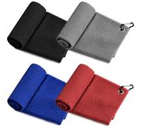 TQIOQIY 4 Pack Microfiber Golf Towel 40x40cm, Waffle Weave with Clip for Bag, Large Bulk Set for Men Women, Tri Fold Cleaning Cloth Clubs Cart Accessories, Black Grey Red Ocean Blue