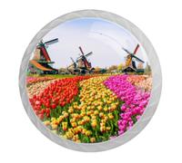 Tqmspg 4 Pieces Drawer Pulls Tulips Flower Fields and Windmill Door Knobs Dresser Handles for Kitchen Wardrobe Cupboard Hardware Furniture