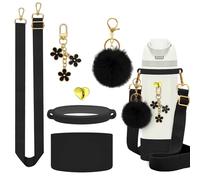 TQONEP 6Pcs Accessories for Owala Water Bottle 24oz 32oz,Adjustable Handle Strap,Plush Ball,Flower Charms,Rubber Ring,Heart-Shaped Hook,Charms,Siliocne Boot for FreeSip 24oz 32 oz (Black, 24 oz)
