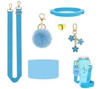 TQONEP 6Pcs Accessories for Stanley Cup 40 oz,Adjustable Handle Strap,Plush Ball,Flower Charms,Rubber Ring,Heart-Shaped Hook,Charms,Siliocne Boot for Stanley 40oz Tumbler (Blue)