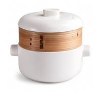 TQPGJJL Japanese Donabe Ceramic Casserole with Bamboo Steamer, Earthenware Stew Pot, Heat Resistant Serving Pot, Ideal for Housewarming & Holiday Gifts(Milk White,2.5L/2.3QT)
