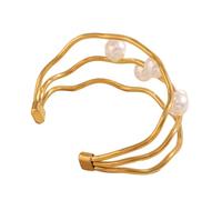 TQUXNGA Layered Imitation Pearls Cuff Stainless Steel Adjustable Wristband Stylish Formal Or Casual Accessory Versatile Fake Pearls Bangle
