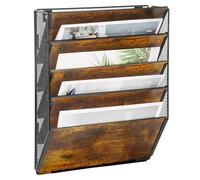 TQVAI 5 Pockets Wall File Holder, Wood A4 Wall Mounted Document Holder, Magazine Storage Rack, Desk Stationary Tidy Organiser in Tray for Office School Accessories, Black/Antique
