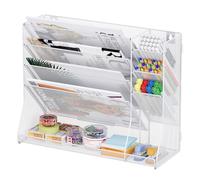 TQVAI 5 Tier Wall File Organiser with 3 Slots Pen Holder Stationary Organiser A4 Paper Document Storage Mesh Desk Tidy Supplies in Tray for Office Home School, White