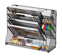 TQVAI 5 Tier Wall File Organiser with 3 Slots Pen Holder Stationary Organiser A4 Paper Document Storage Mesh Desk Tidy Supplies in Tray for Office Home School, Black