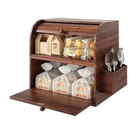 TQVAI Bamboo Bread Box for Kitchen Counter Dobule Layer Roll Top Bread Storage Container with Silverware Basket - Can Use as 2 Individual Bread Bin - Assembly Required, Retro Brown