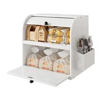 TQVAI Bread Box for Kitchen Countertop, Double Layer Bread Boxes, Bamboo Bread Storage Container with Silverware Holder - Assembly Required, White