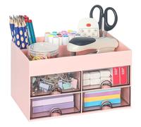 TQVAI Desk Organiser with Drawers Multifunctional Pen Holder for desk 3 Compartments 4 Drawer Dividers for Office, School and Home, Pink